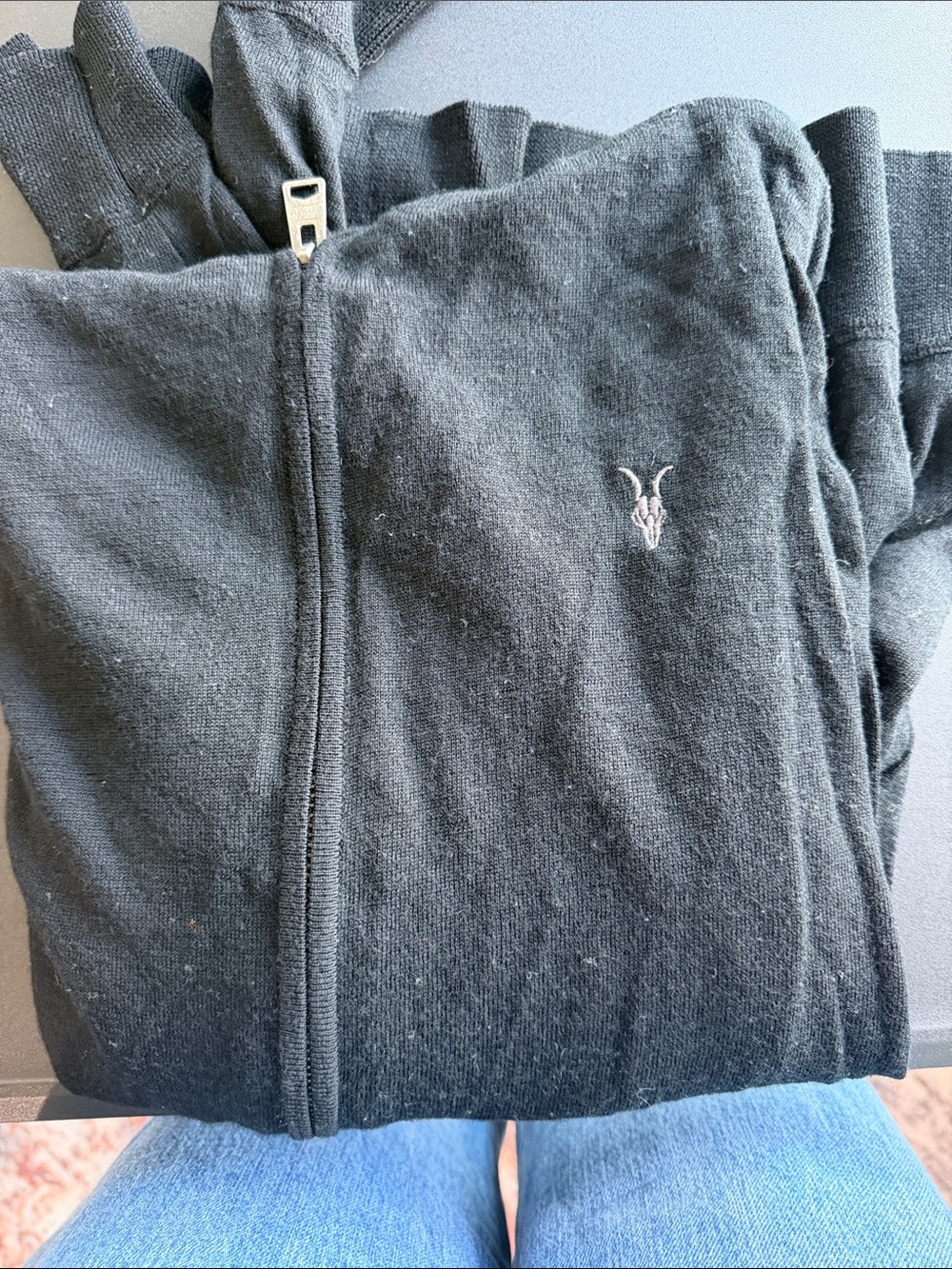 All Saints Black Full-Zip Sweater with Subtle Embroidered Logo